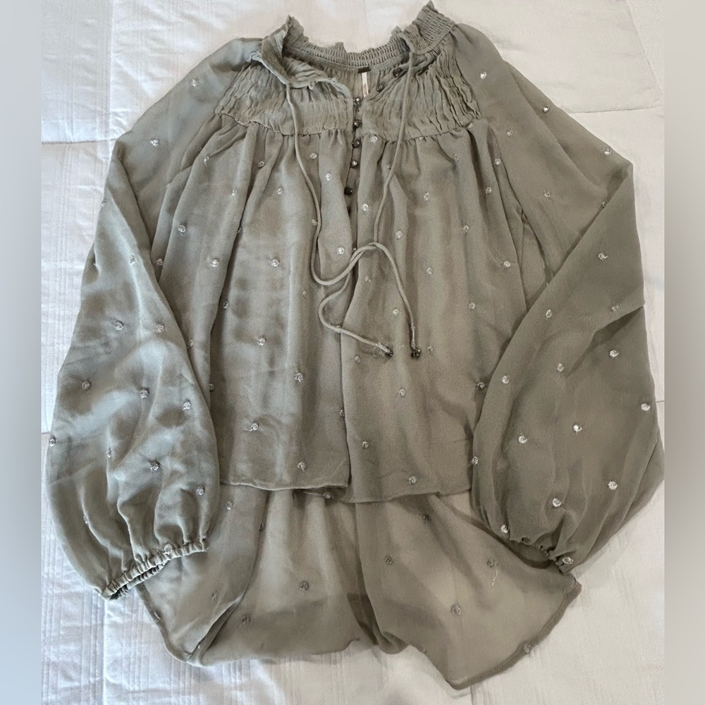 Free People sz. M long sleeve sheer blouse green polka dot - Picture 1 of 9